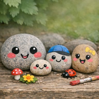 A collection of pet rocks with faces