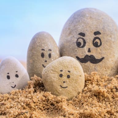 A collection of pet rocks with faces