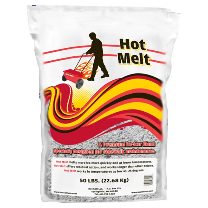 Every sodium crystal in the Hot Melt formula is enhanced with magnesium chloride so it melts more ice quickly at lower temperatures. Hot Melt