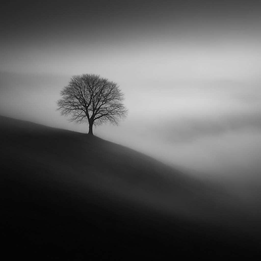Lone tree on a misty hillside