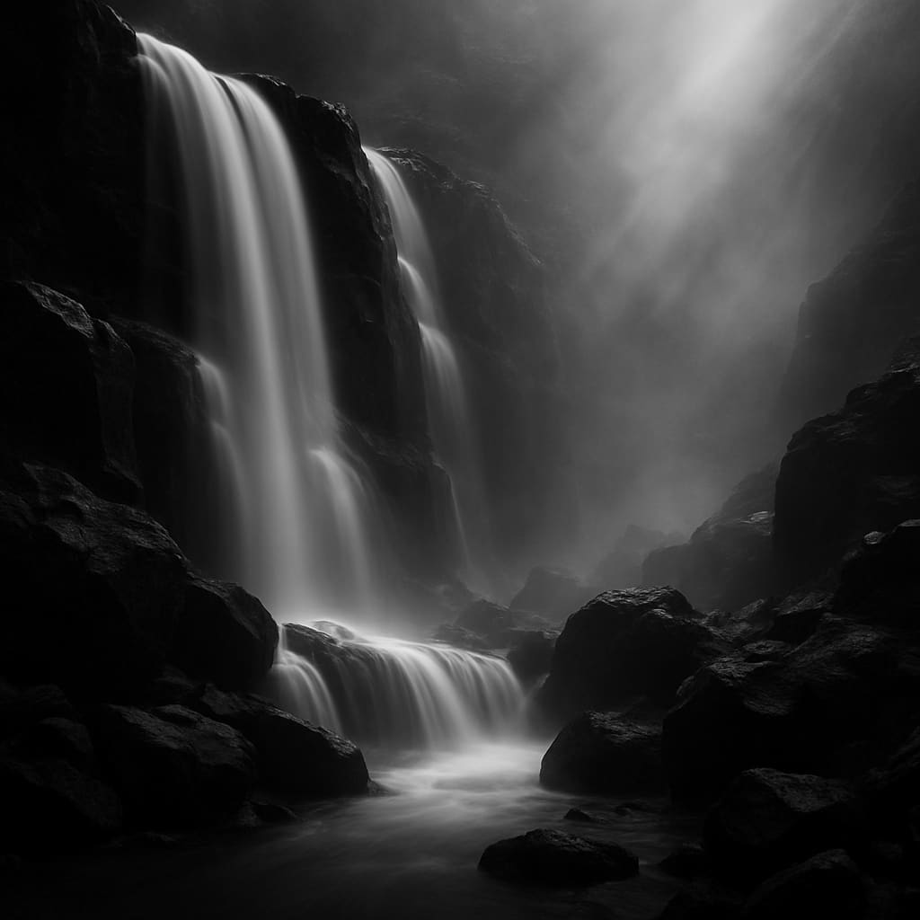 Waterfall cascading over dark rocks in long exposure