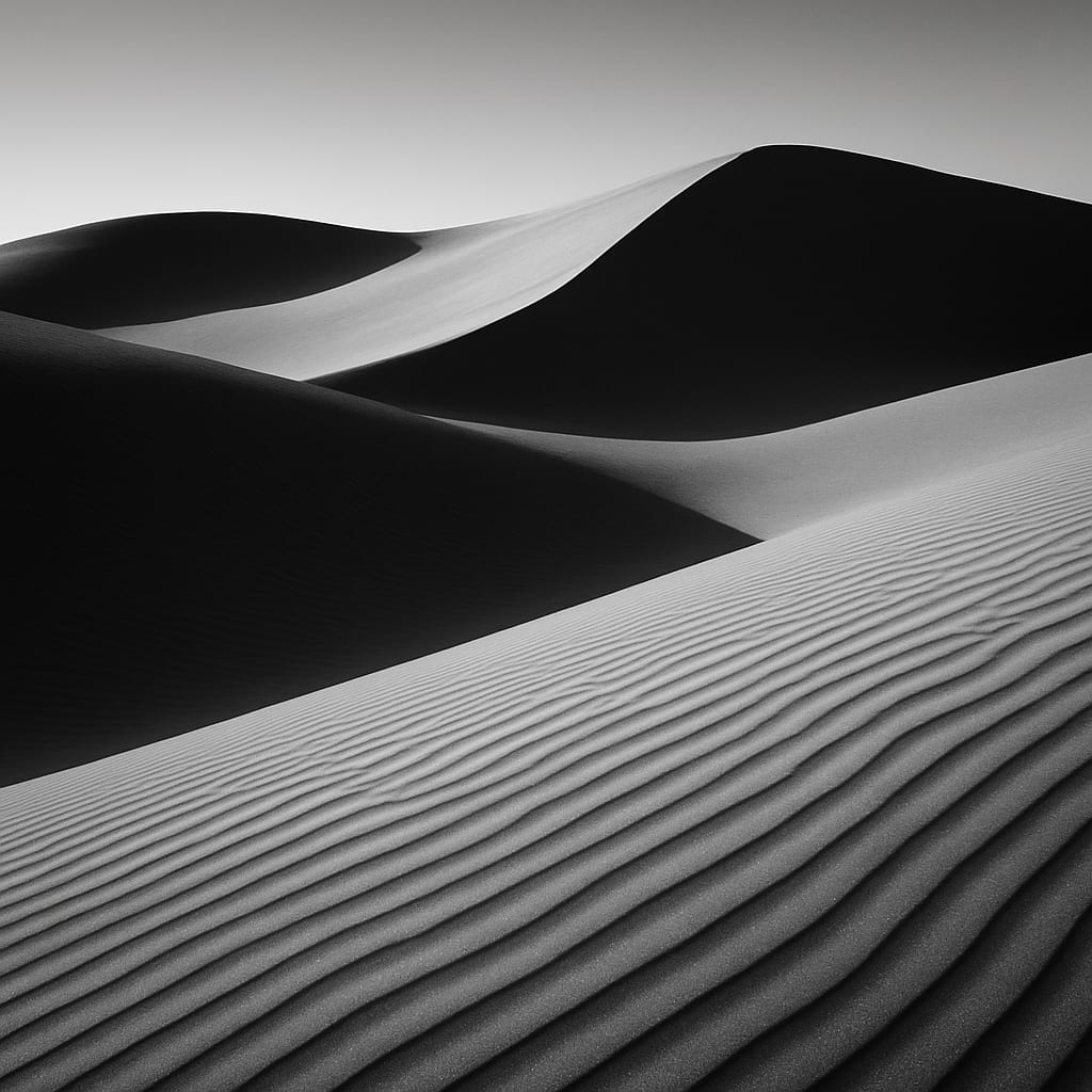 Desert dunes with rippled texture and sharp shadow lines