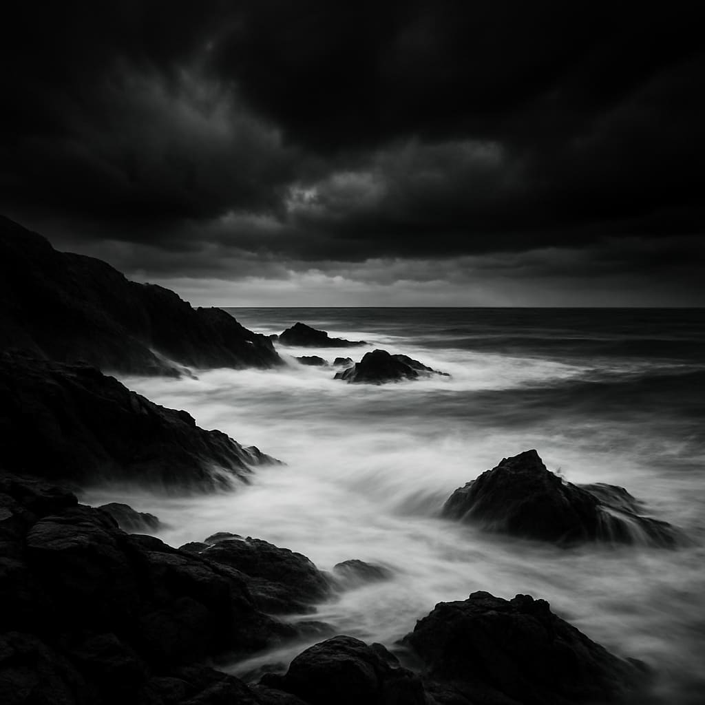 Waves crashing on a rocky coastline under a stormy sky