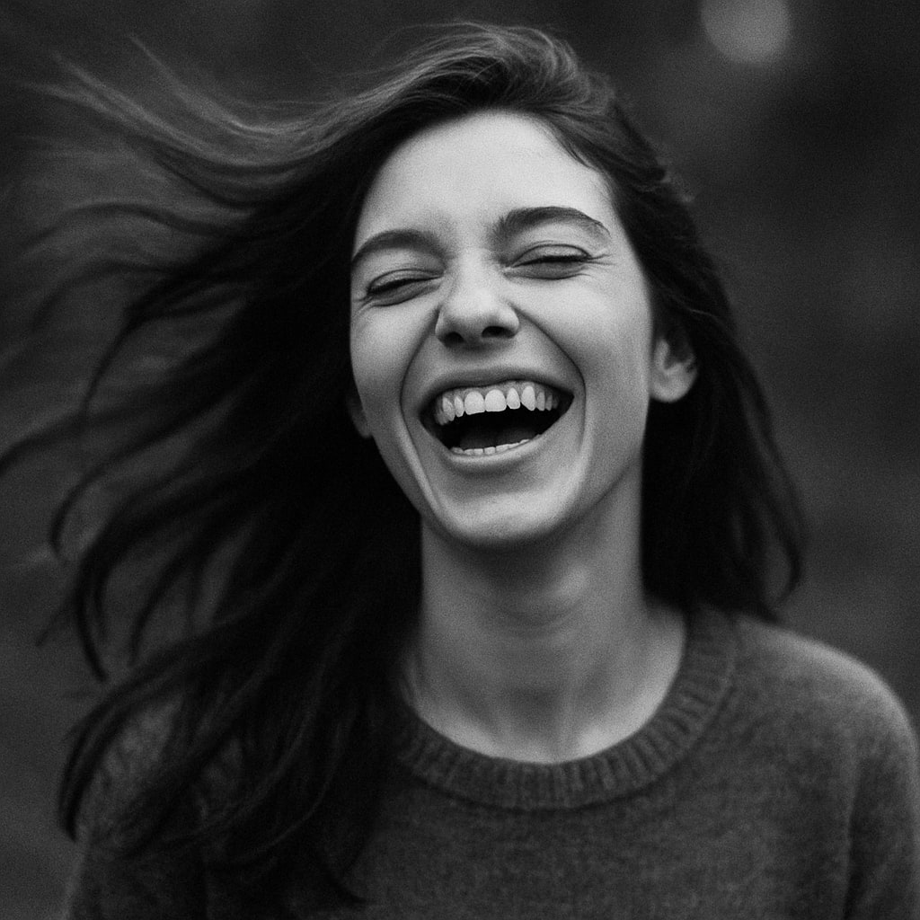 Young woman laughing candidly with motion blur in her hair