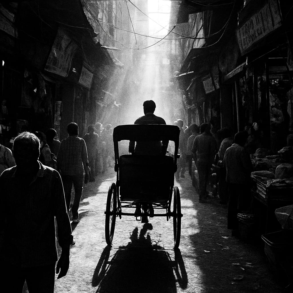 Rickshaw silhouette in light rays through a narrow Old Delhi alley