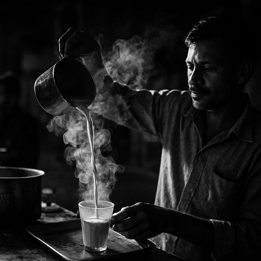 Chai vendor pouring tea with steam rising in dramatic light