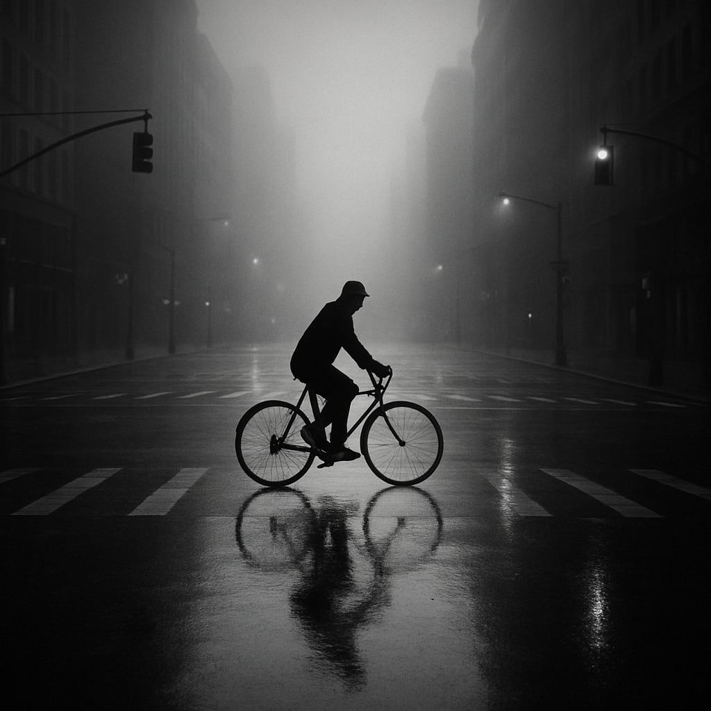 Lone cyclist crossing an empty rain-soaked street at dawn