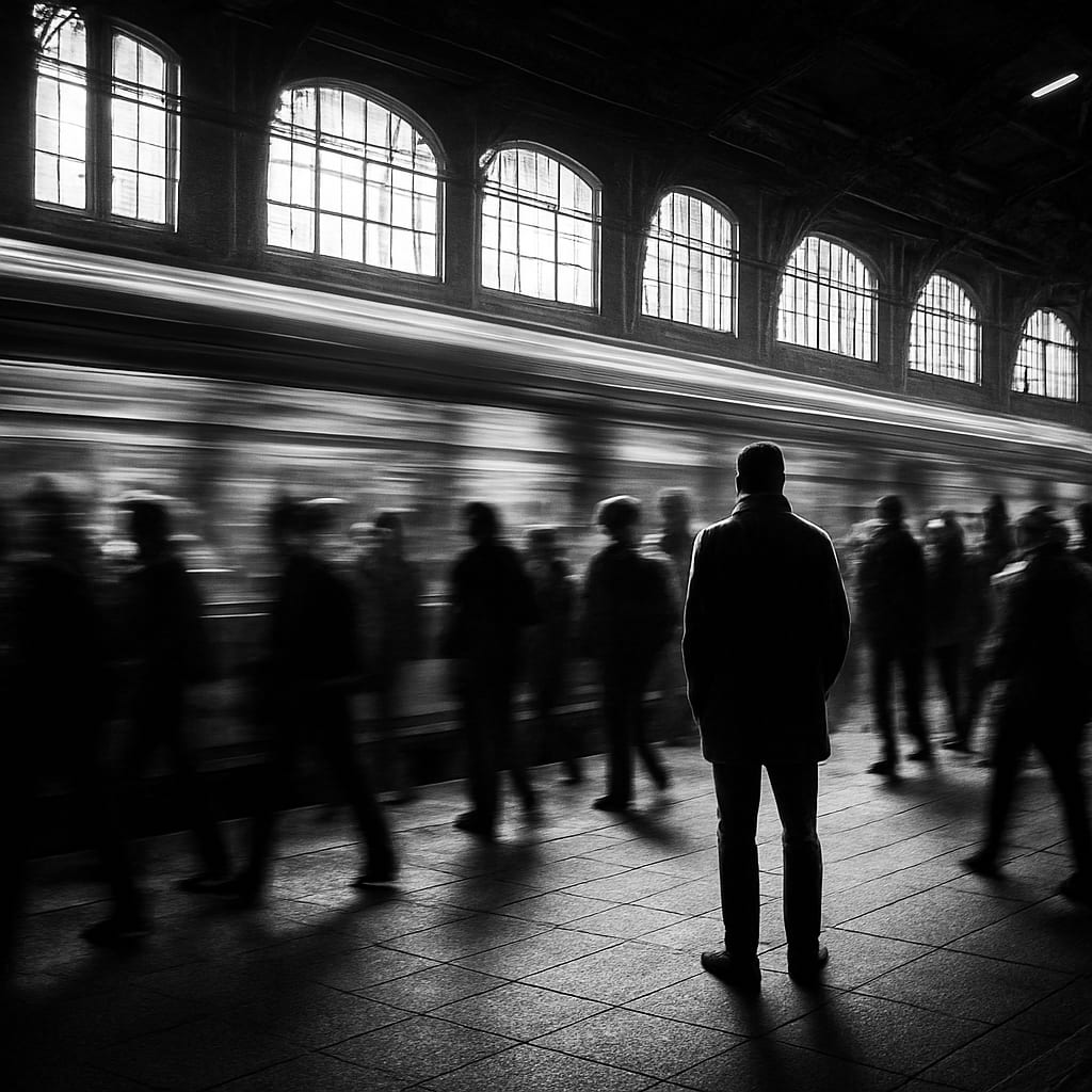 Still figure on a railway platform as a train blurs past