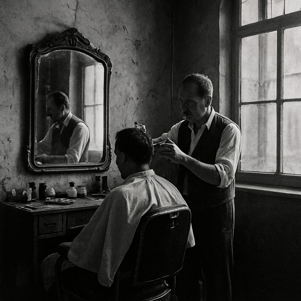 Barber working inside an old shop lit by window light