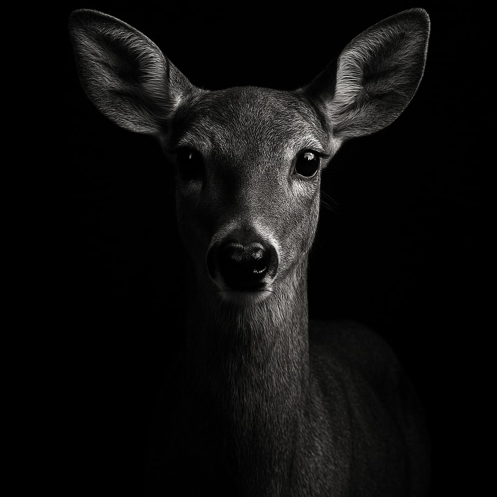 Deer looking directly into the camera against pure black