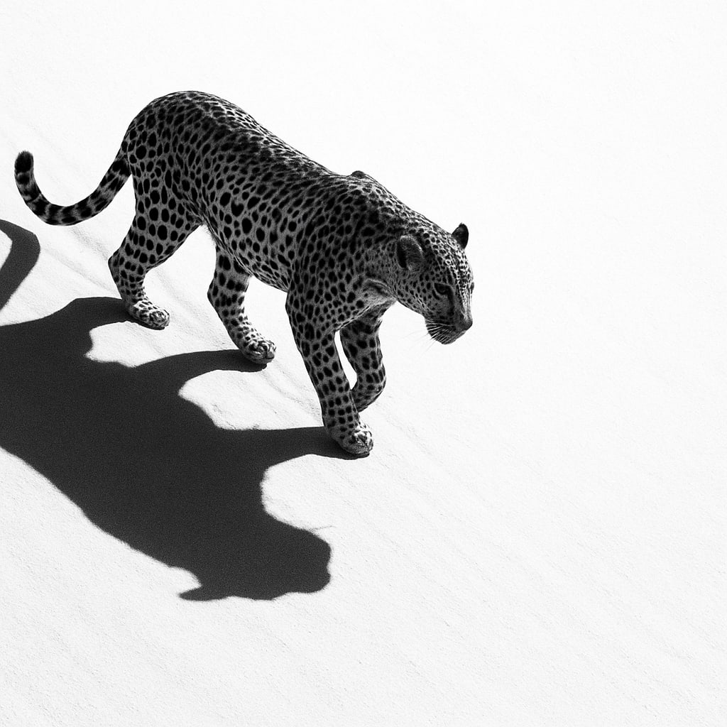 Leopard walking down a slope, viewed from above with strong shadow