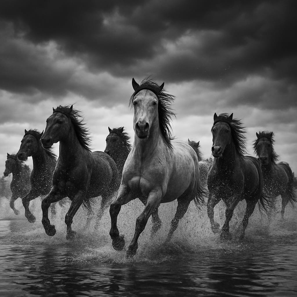 Wild horses running through shallow water under an overcast sky