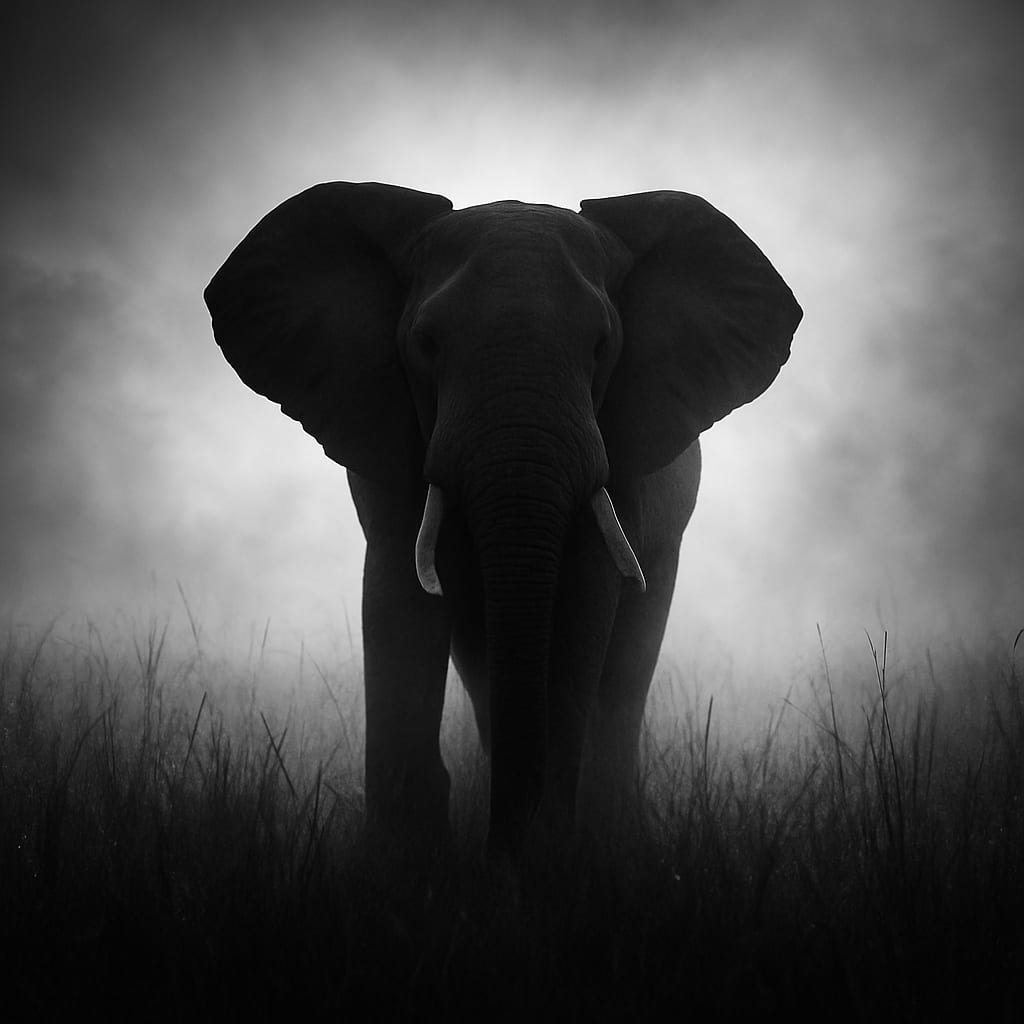 Elephant emerging from morning mist in tall grass