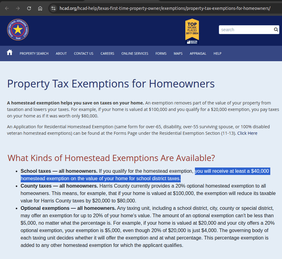 HCAD Exemptions page show outdated information.