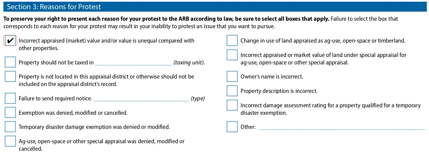 Texas property tax: Reasons for Protest