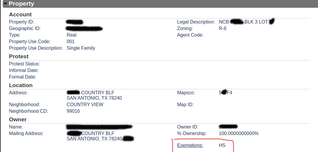 Bexar County homestead exemption status