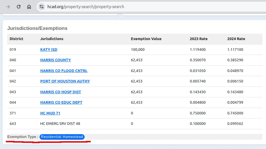 Harris County homestead exemption status - new search
