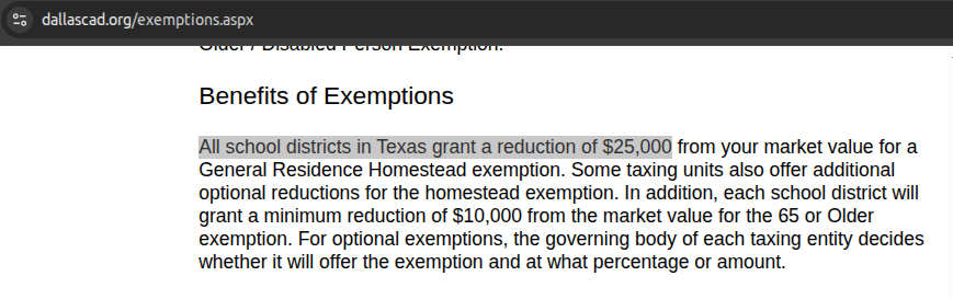 Dallas CAD official website shows outdated homestead exemption information