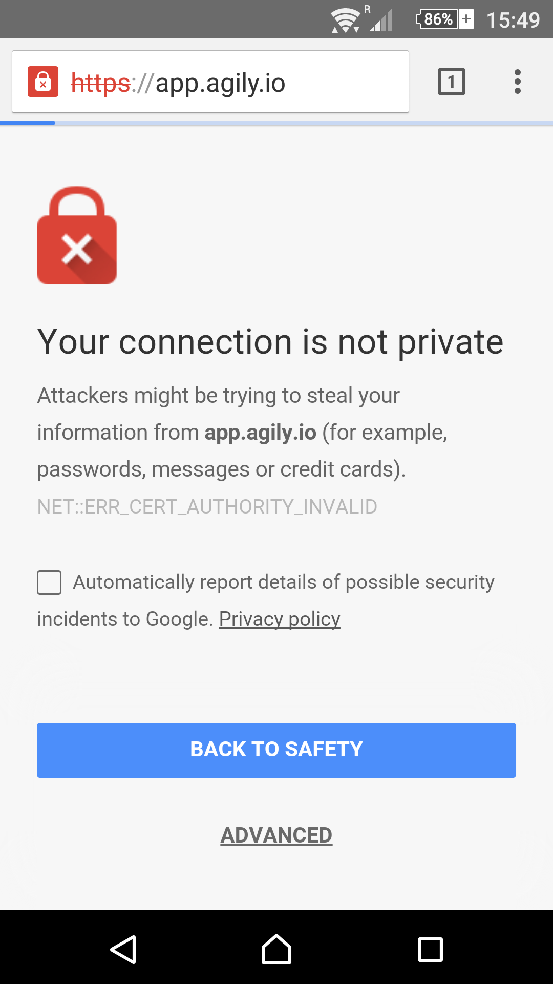 security message on Chrome browser for Android