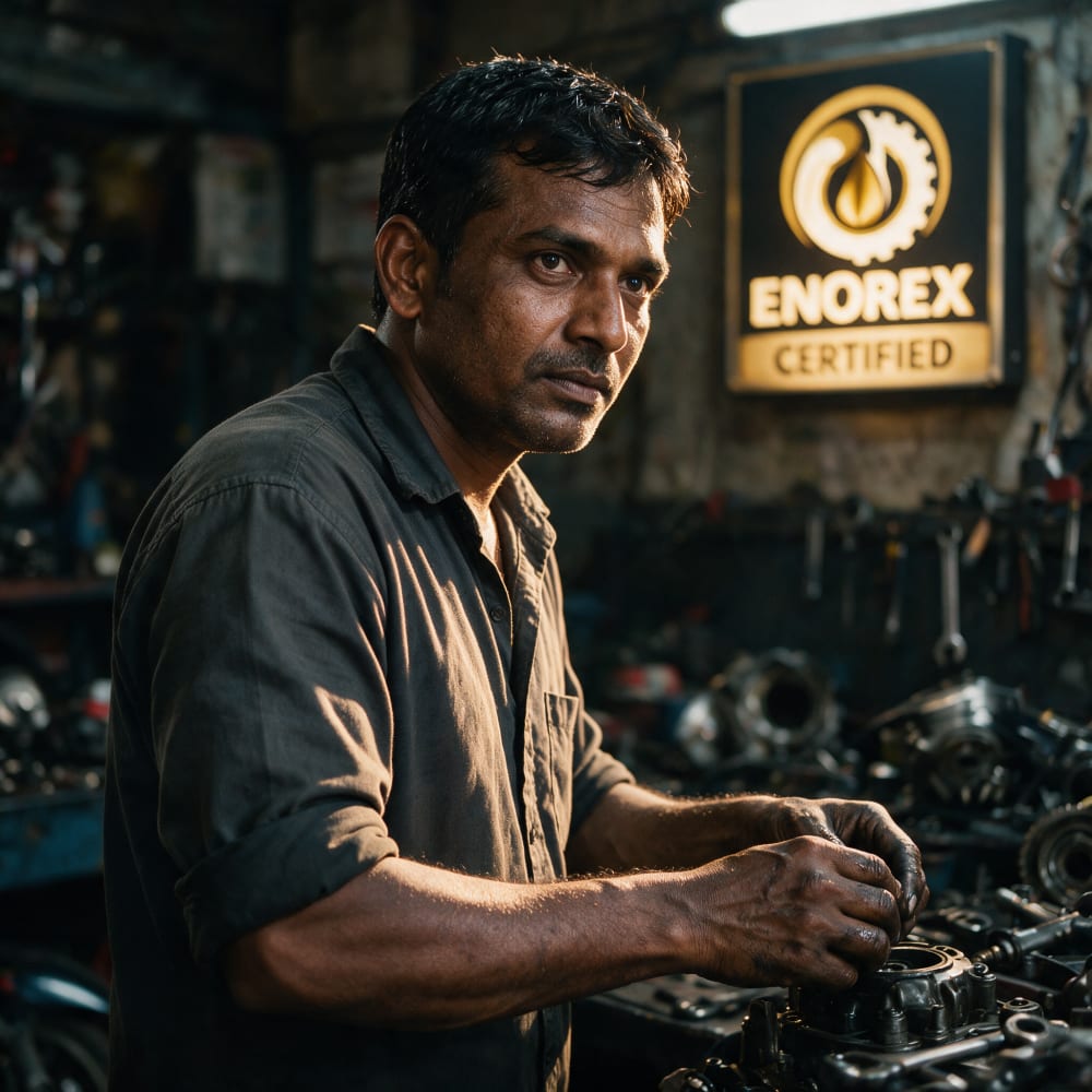 An Enorex-certified mechanic at work on an engine in his Bangalore garage, an ENOREX Certified board on the wall behind him