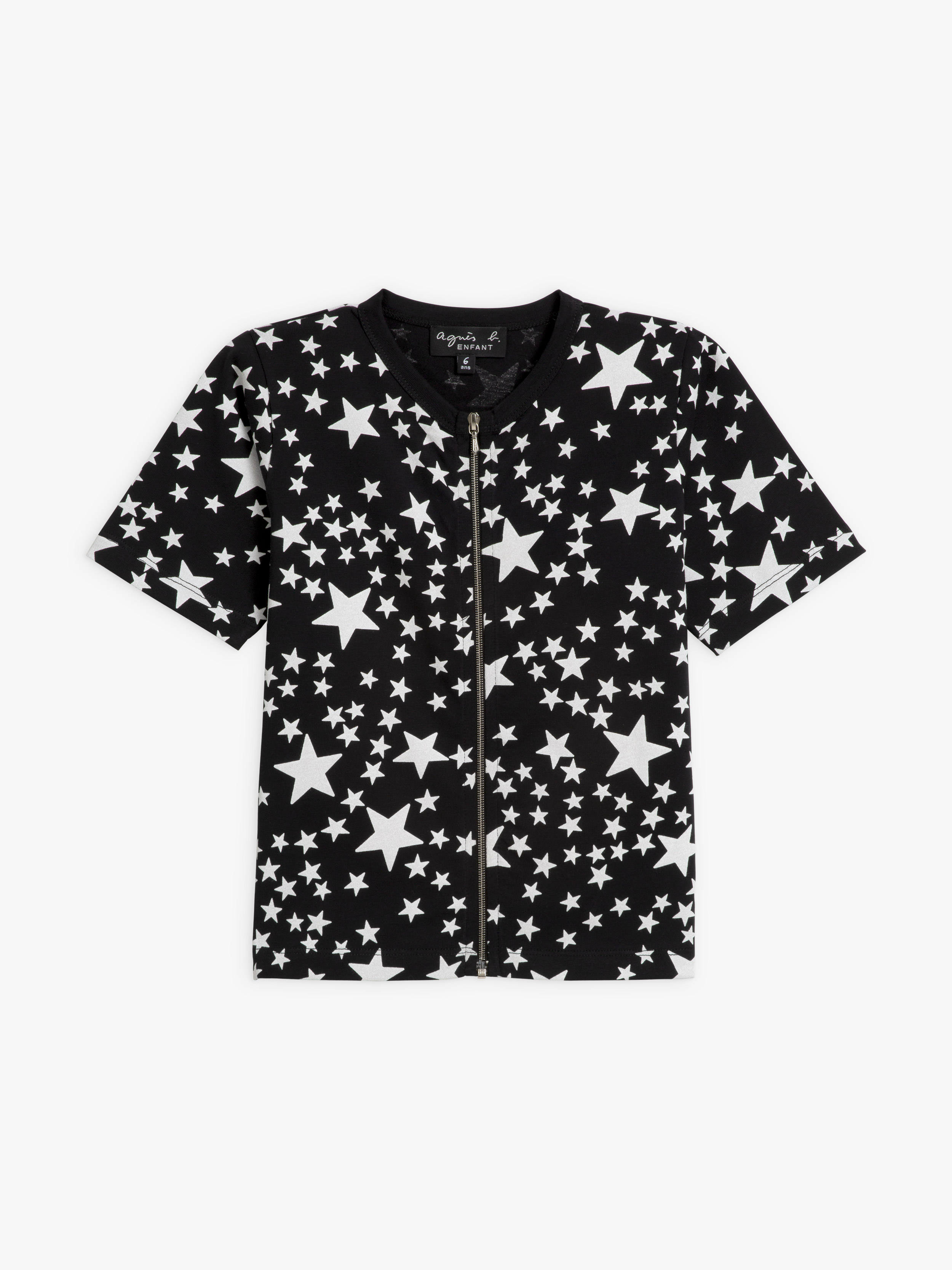 t-shirt zipp&eacute; en jersey de coton noir imprim&eacute; " Etoiles" blanches