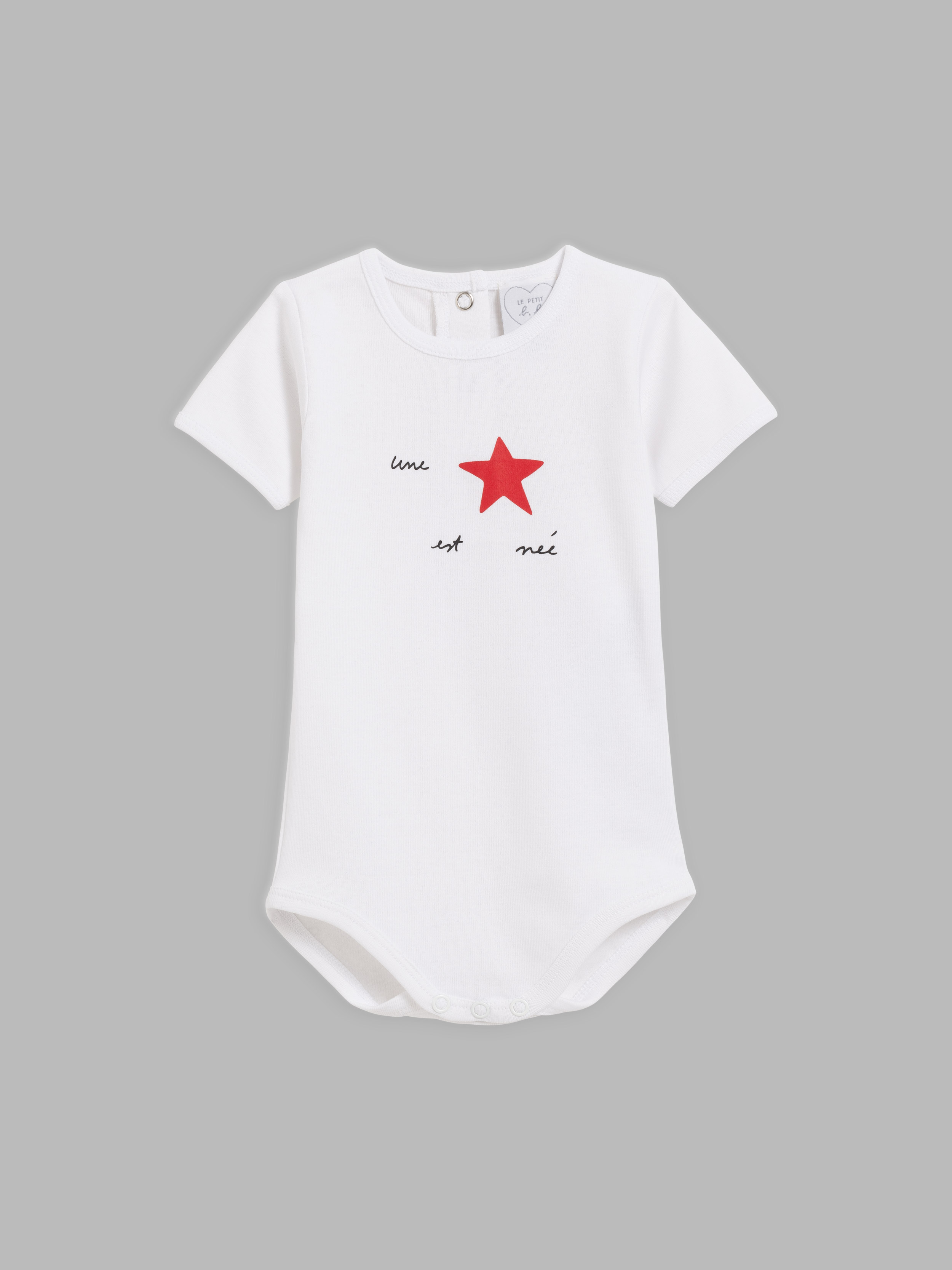 white "une &eacute;toile est n&eacute;e" bodysuit