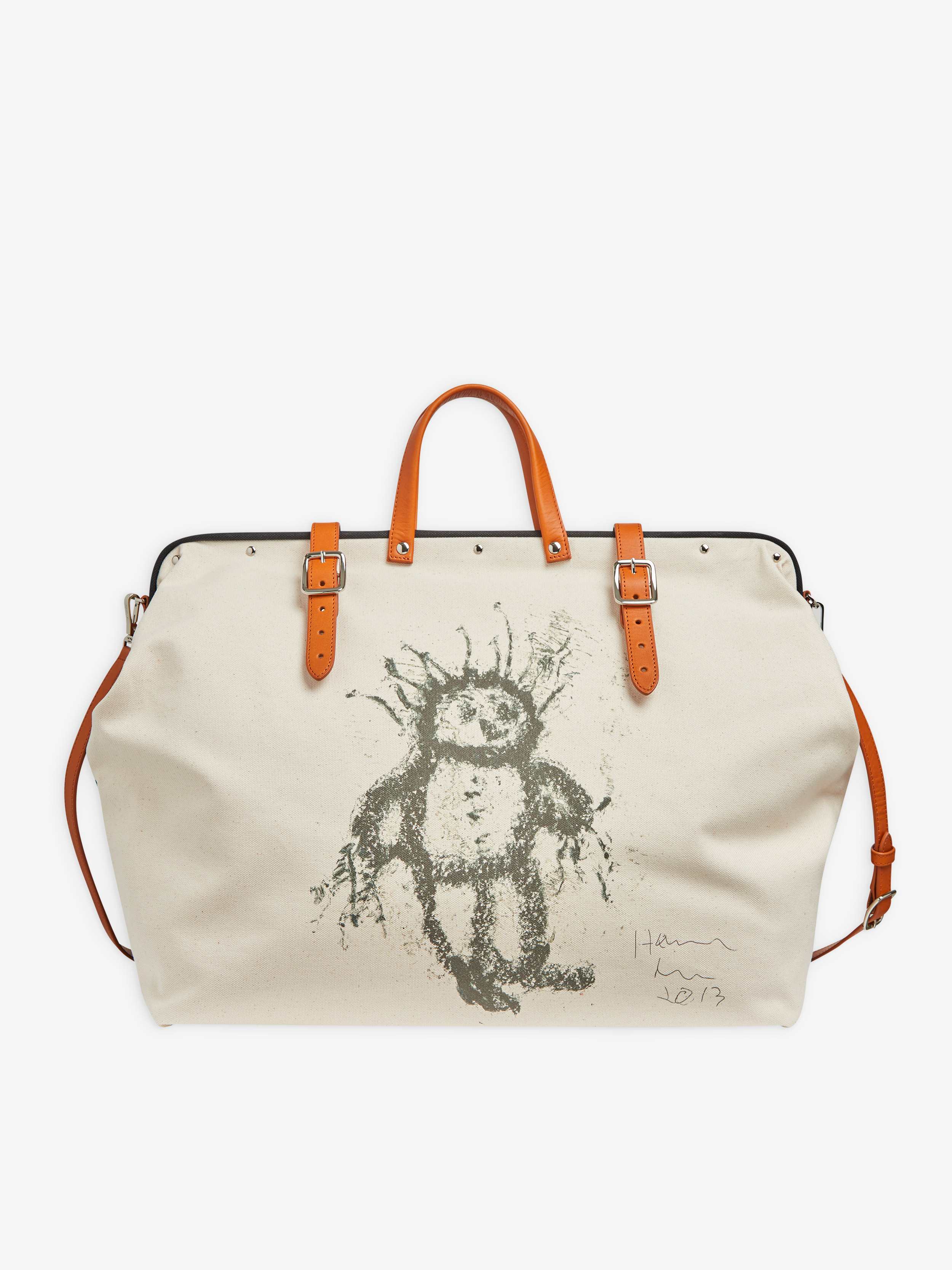 beige cotton and leather Boston bag artist Harmony Korine