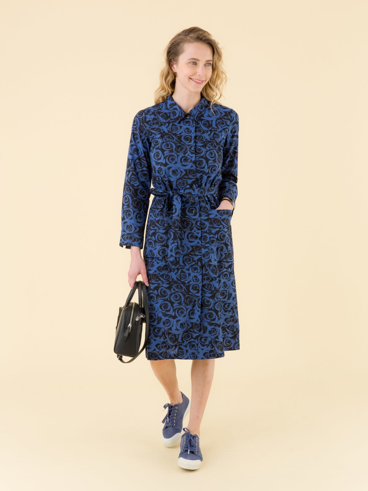 blue floral print cotton shirt dress