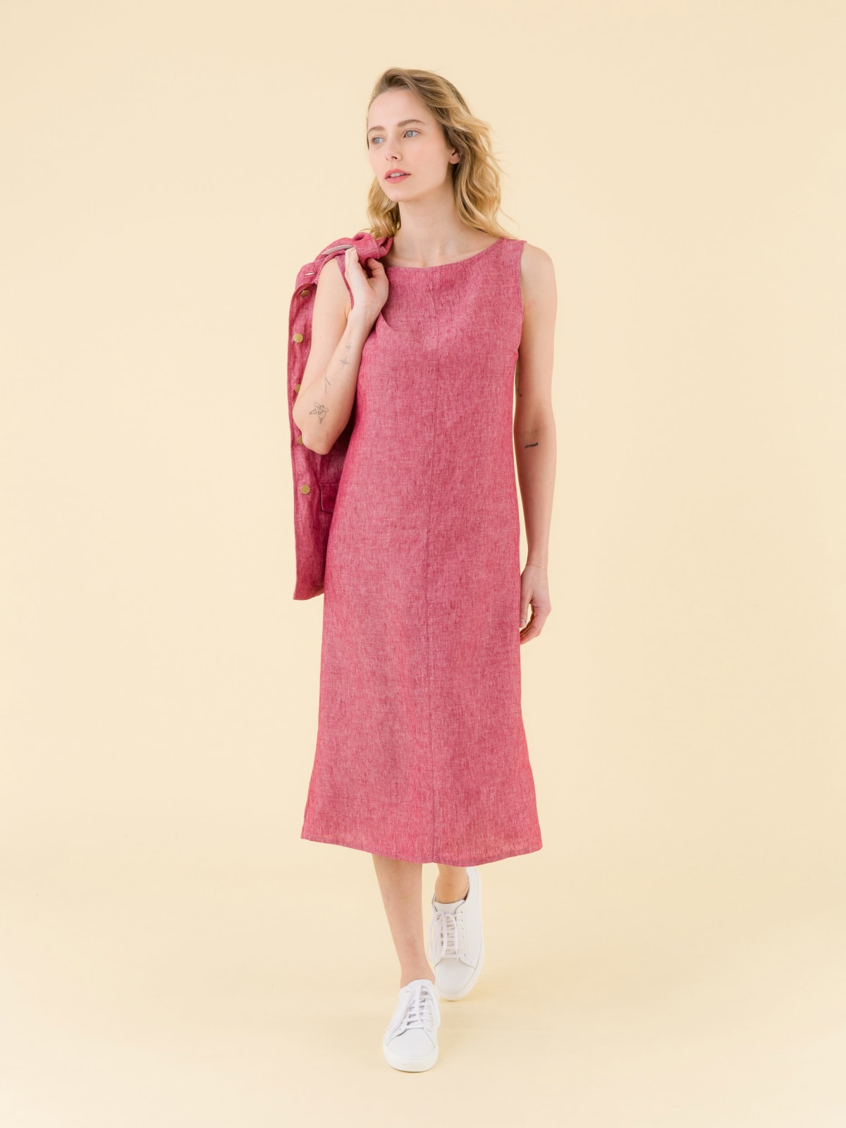 red sleeveless linen dress