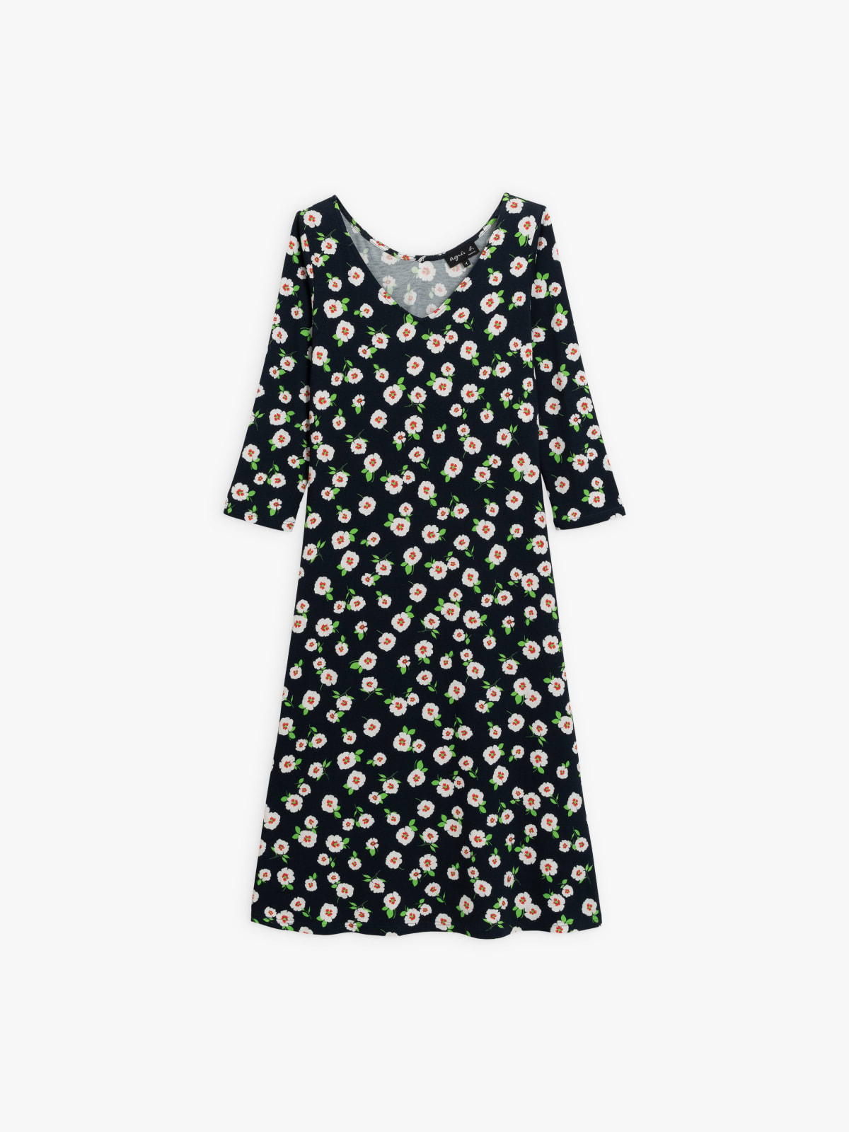 navy blue New Danseuse dress with white floral print and 3/4 length sleeves