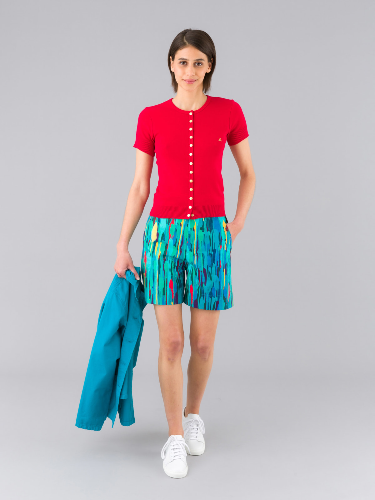 red Swing short-sleeve cotton snap cardigan