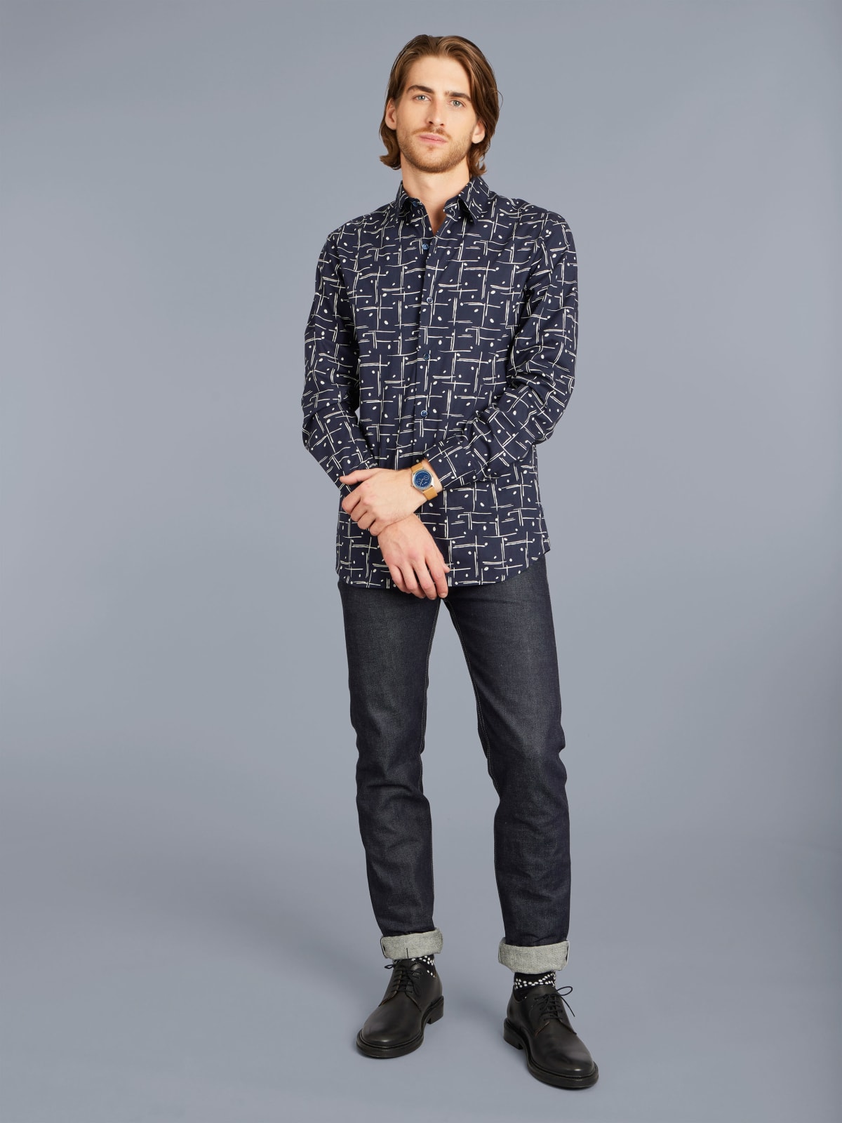 blue cotton long-sleeve Thomas shirt