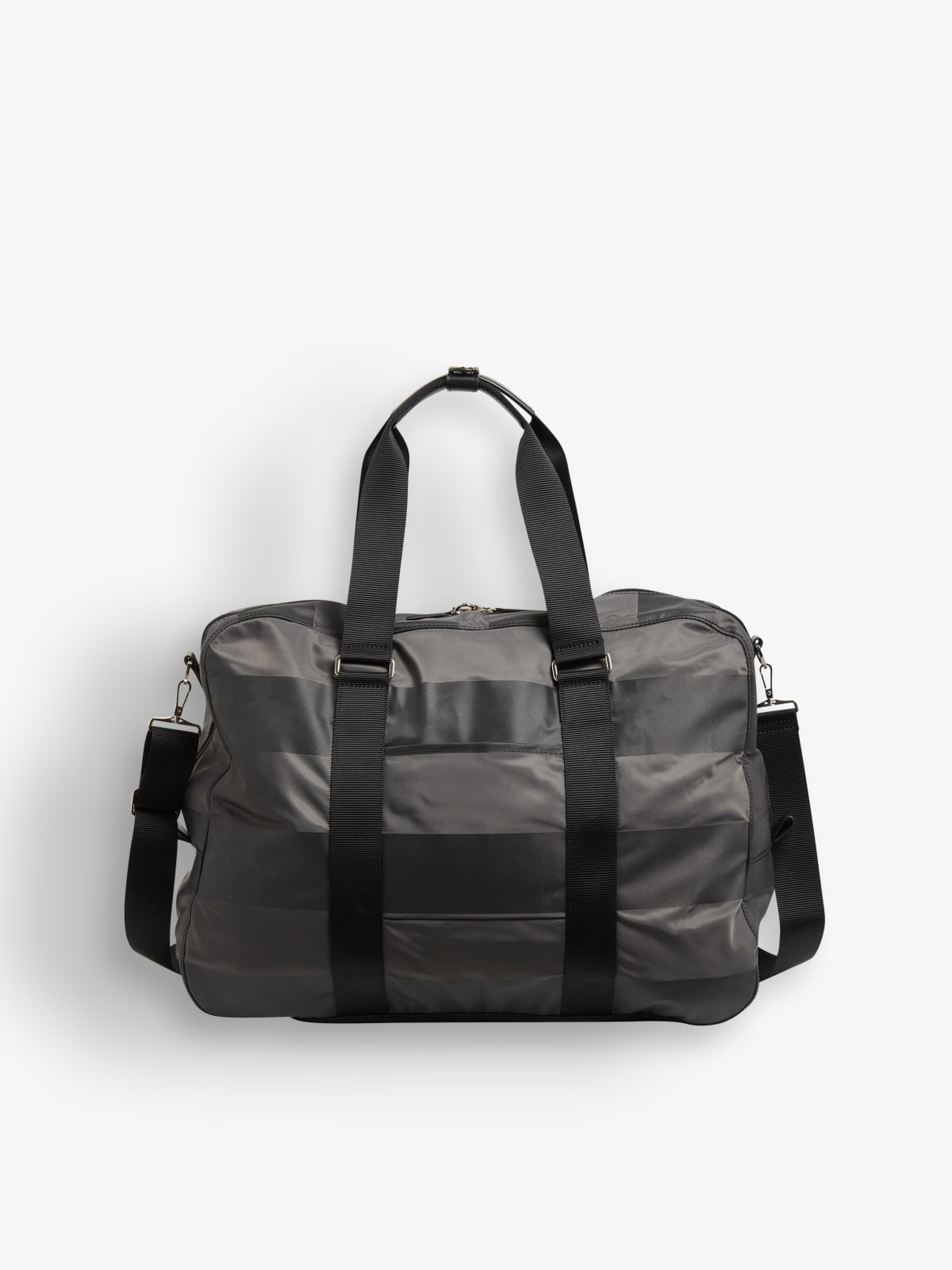 grey striped Boston travel bag