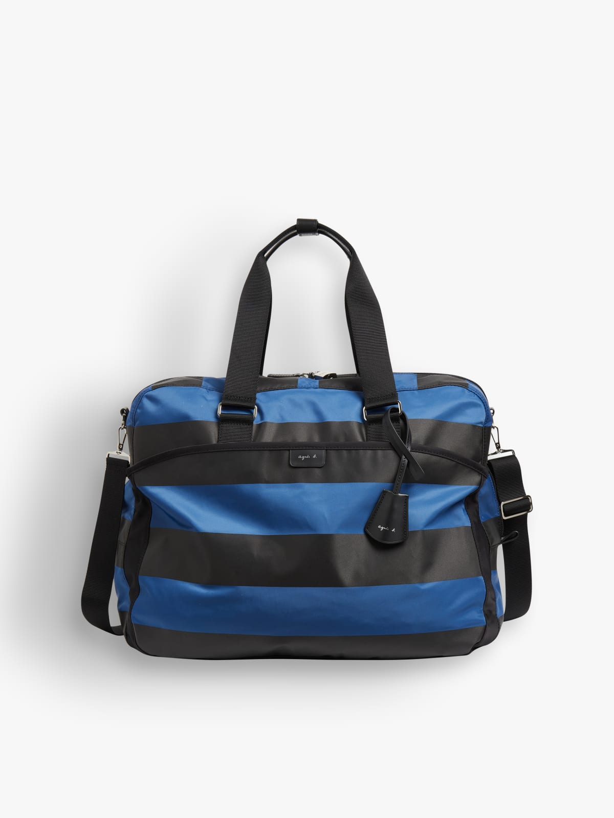 blue striped Boston travel bag