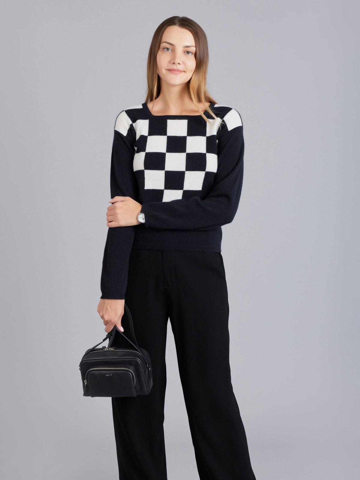 black cashmere checkerboard print sweater