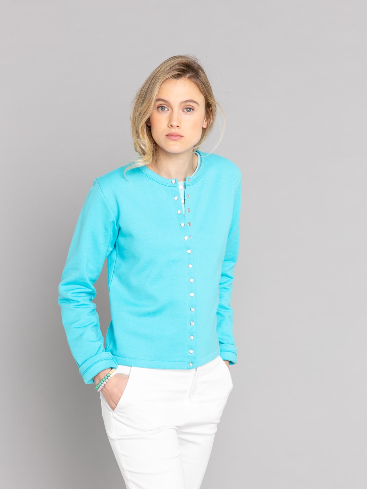 turquoise cotton fleece rosana snap cardigan