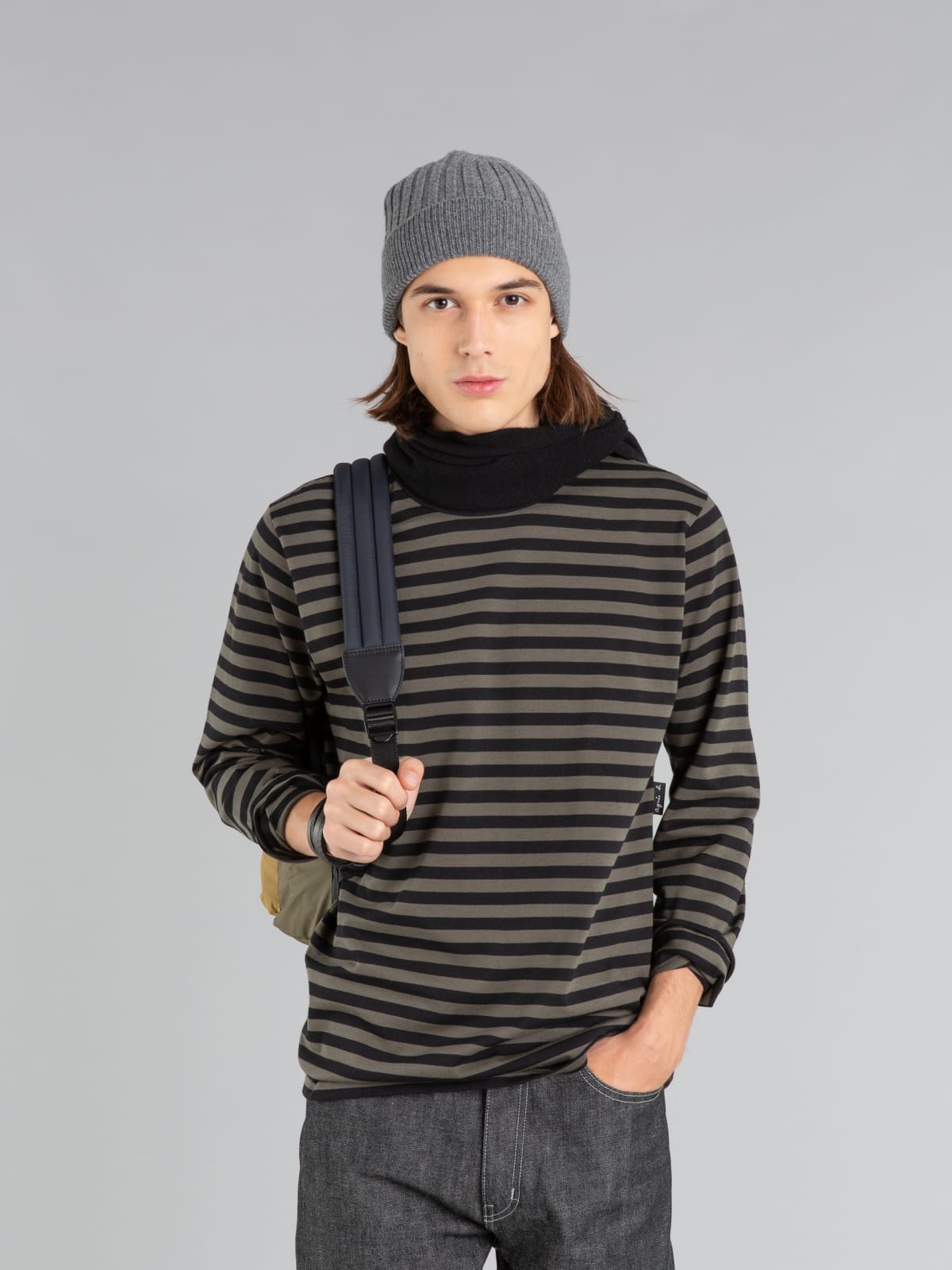 【BADBLOOD】 Dark Classic Stripe T-Shirt - Khaki/Black black and dark khaki long sleeves striped coulos t-shirt