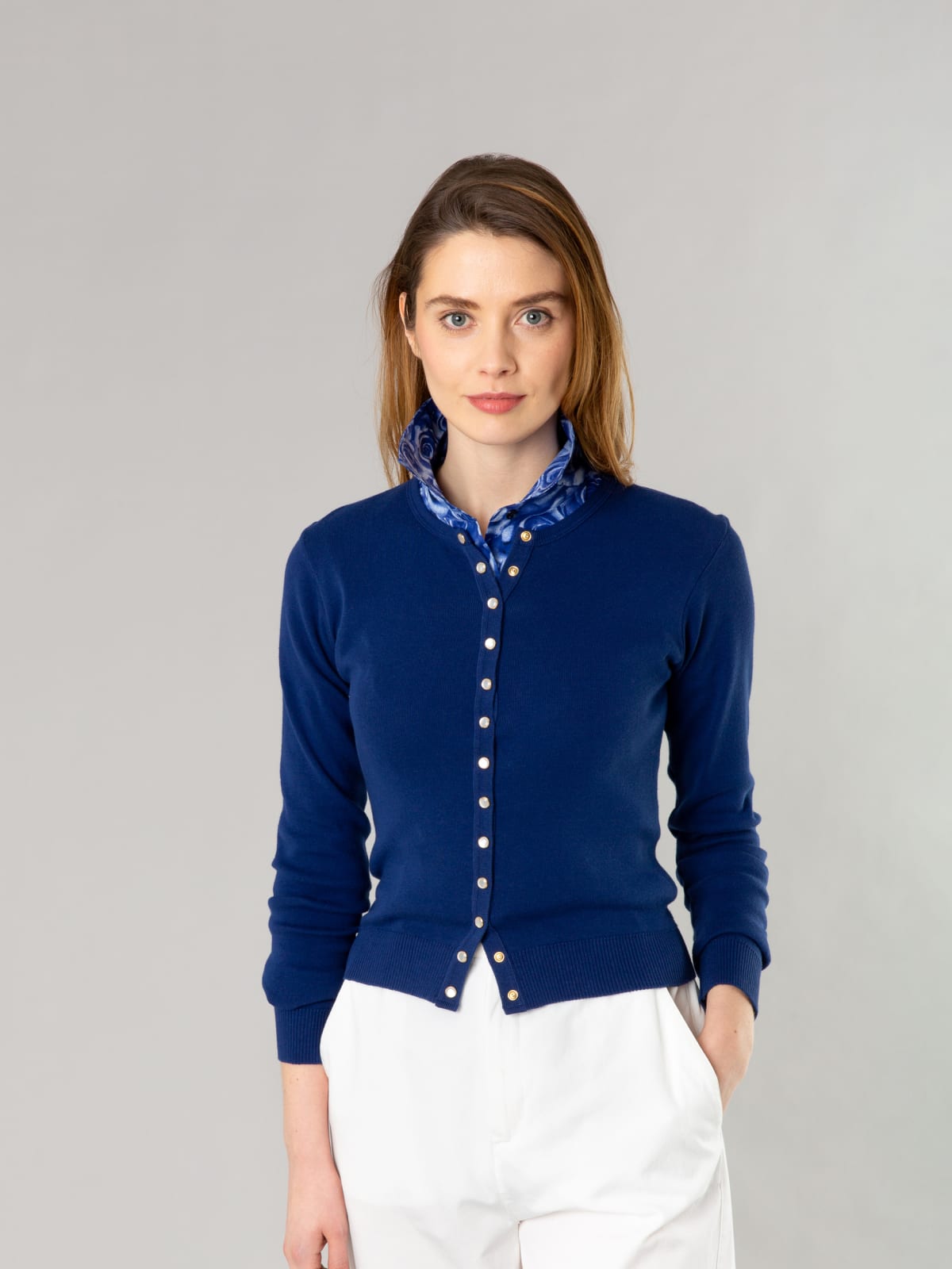 dark blue Swing nacre snap cardigan