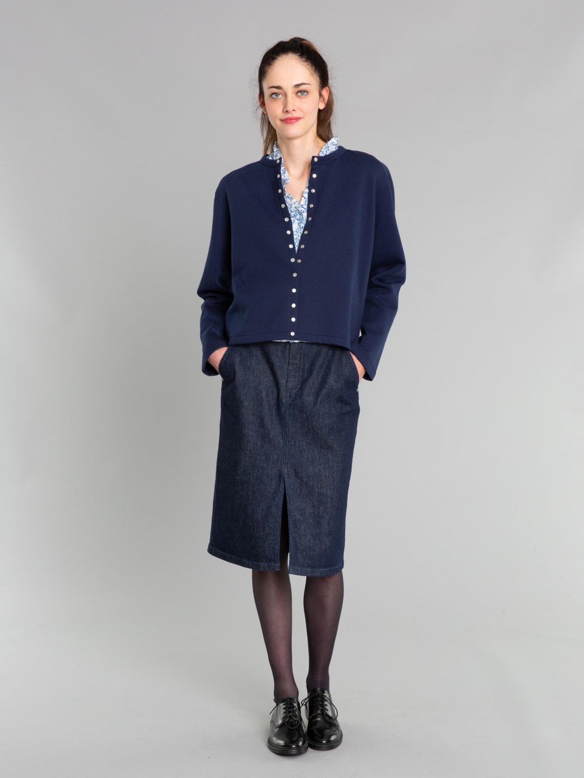 navy blue Le Classique snap cardigan
