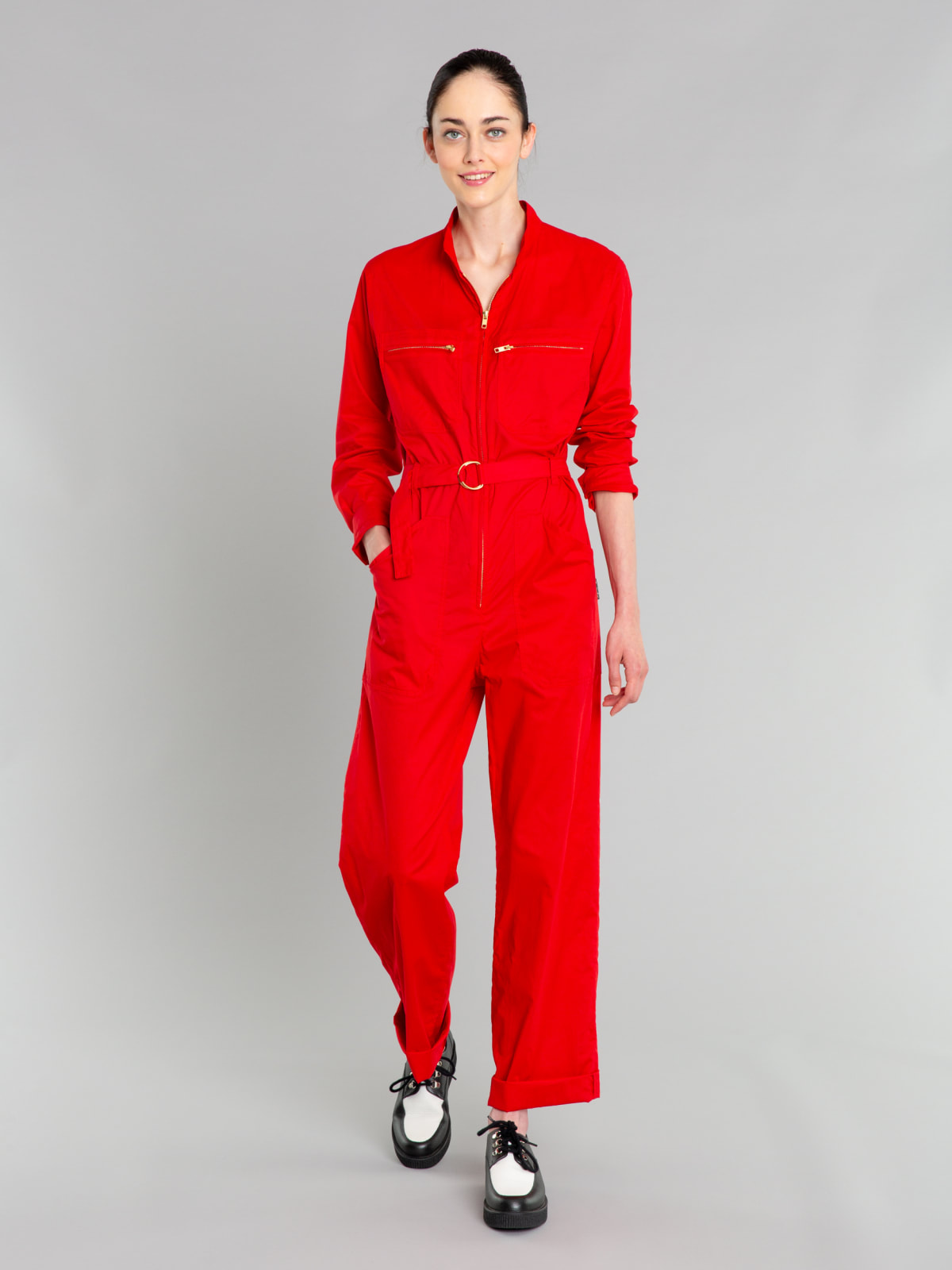 red cotton percale jumpsuit