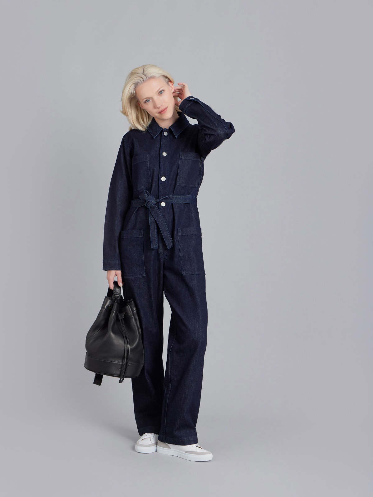 blue denim cotton bow jumpsuit