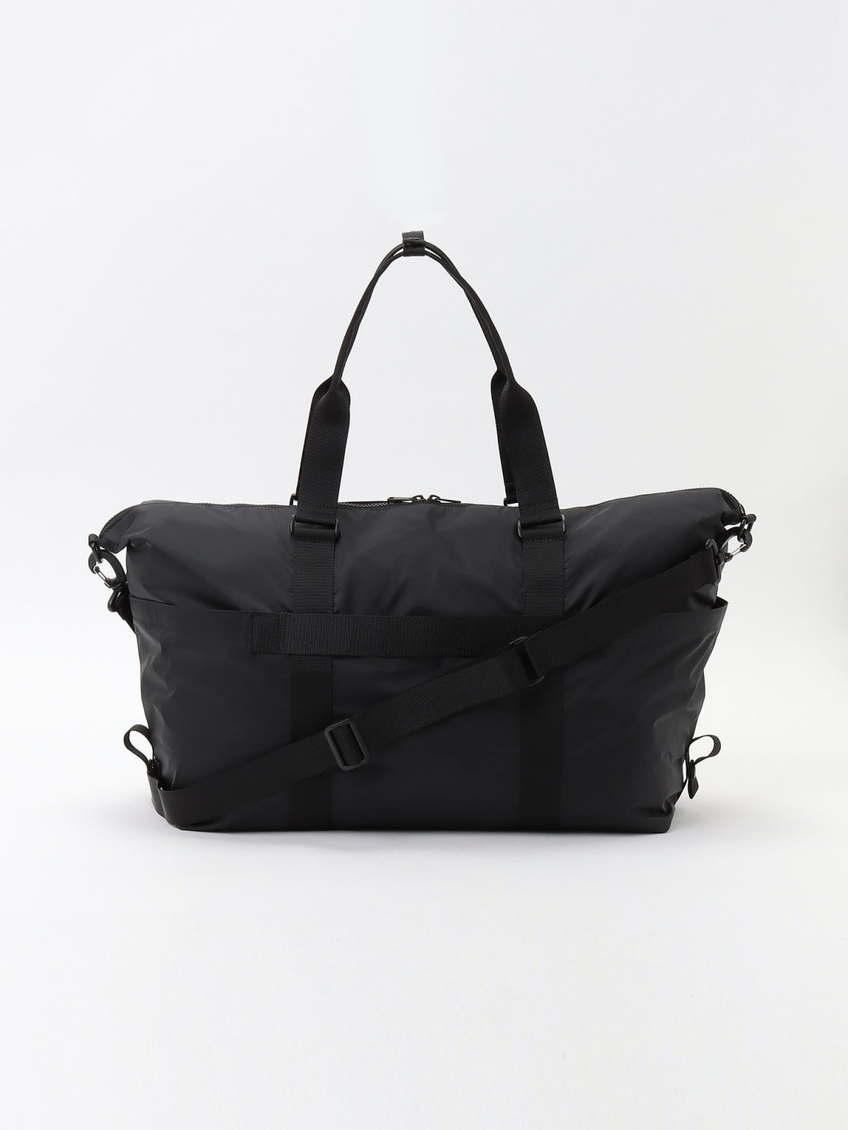 black nylon shopping bag with pockets