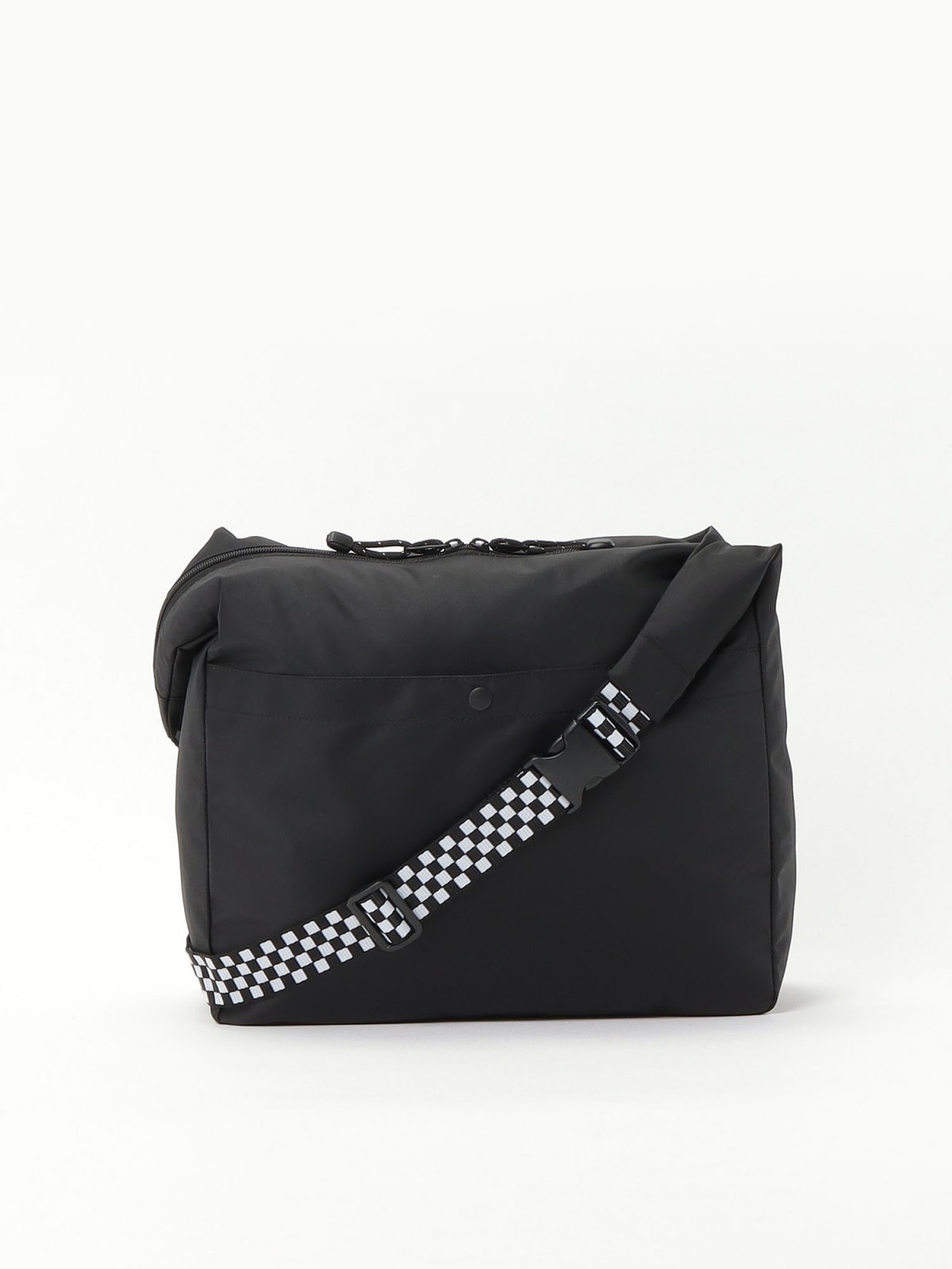 black nylon bag with checkerboard shoulder strap