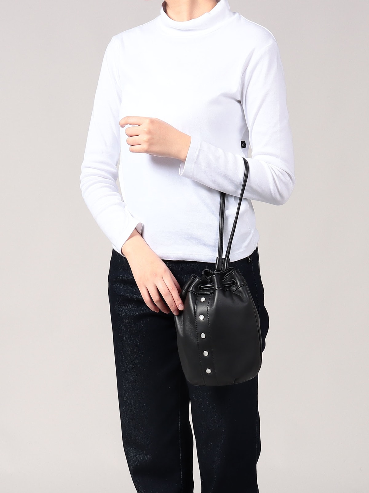 black leather snap bucket bag