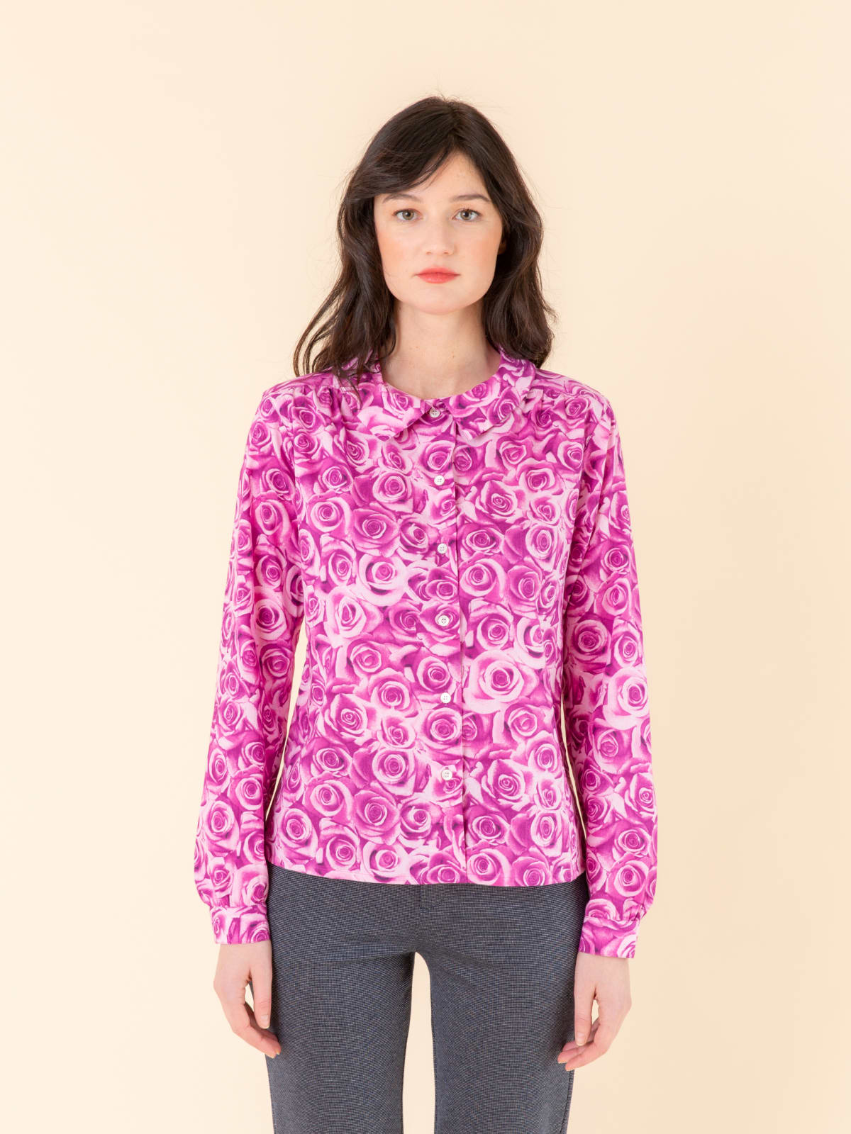 magenta rose print Reb shirt