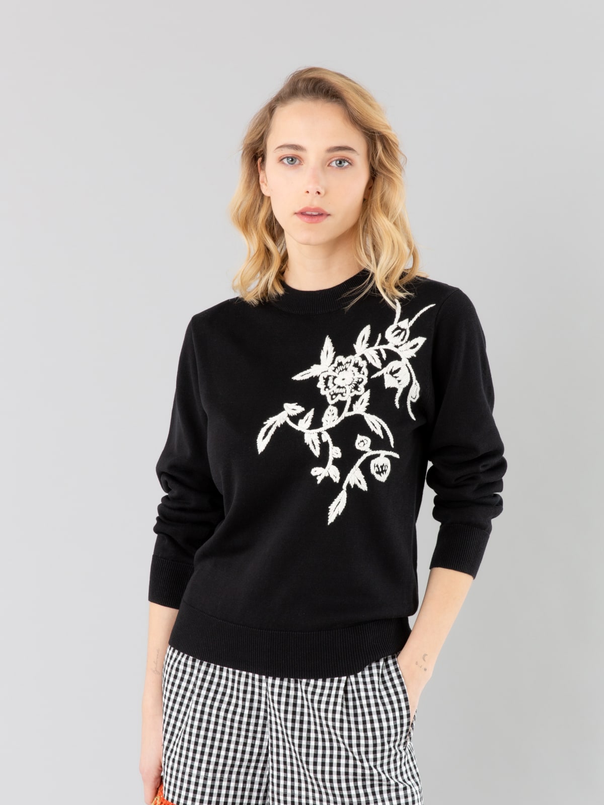 black silk and linen Flora embroidered sweater