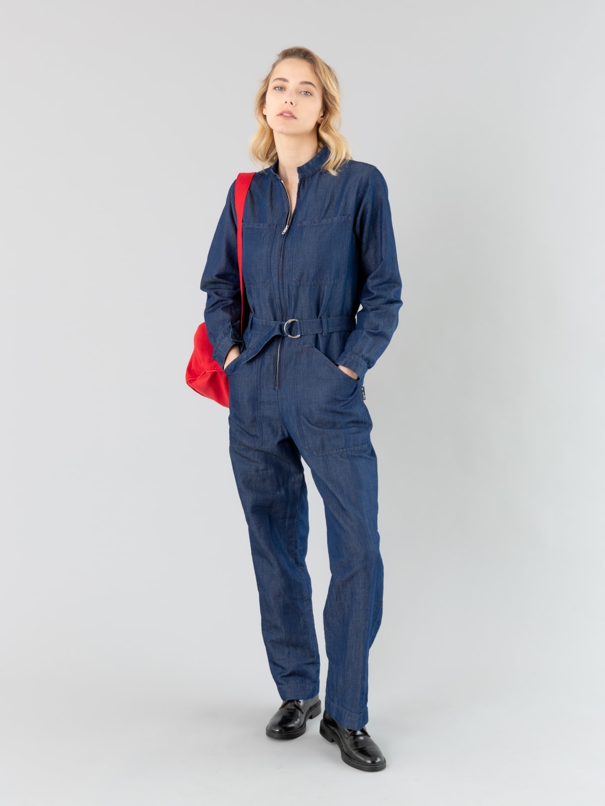 blue cotton and linen denim jumpsuit