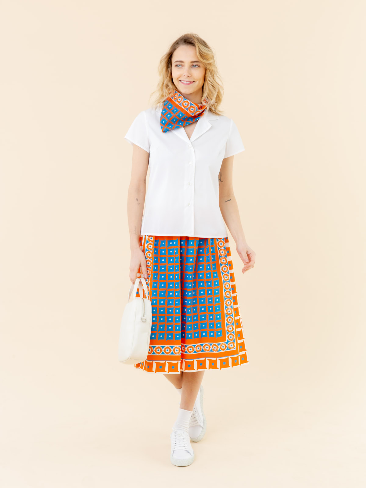 orange and blue geometric print skirt