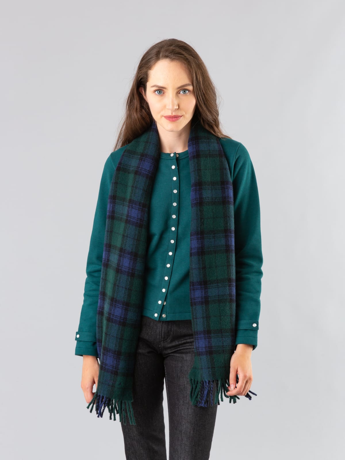 dark green cotton fleece Rosana snap cardigan