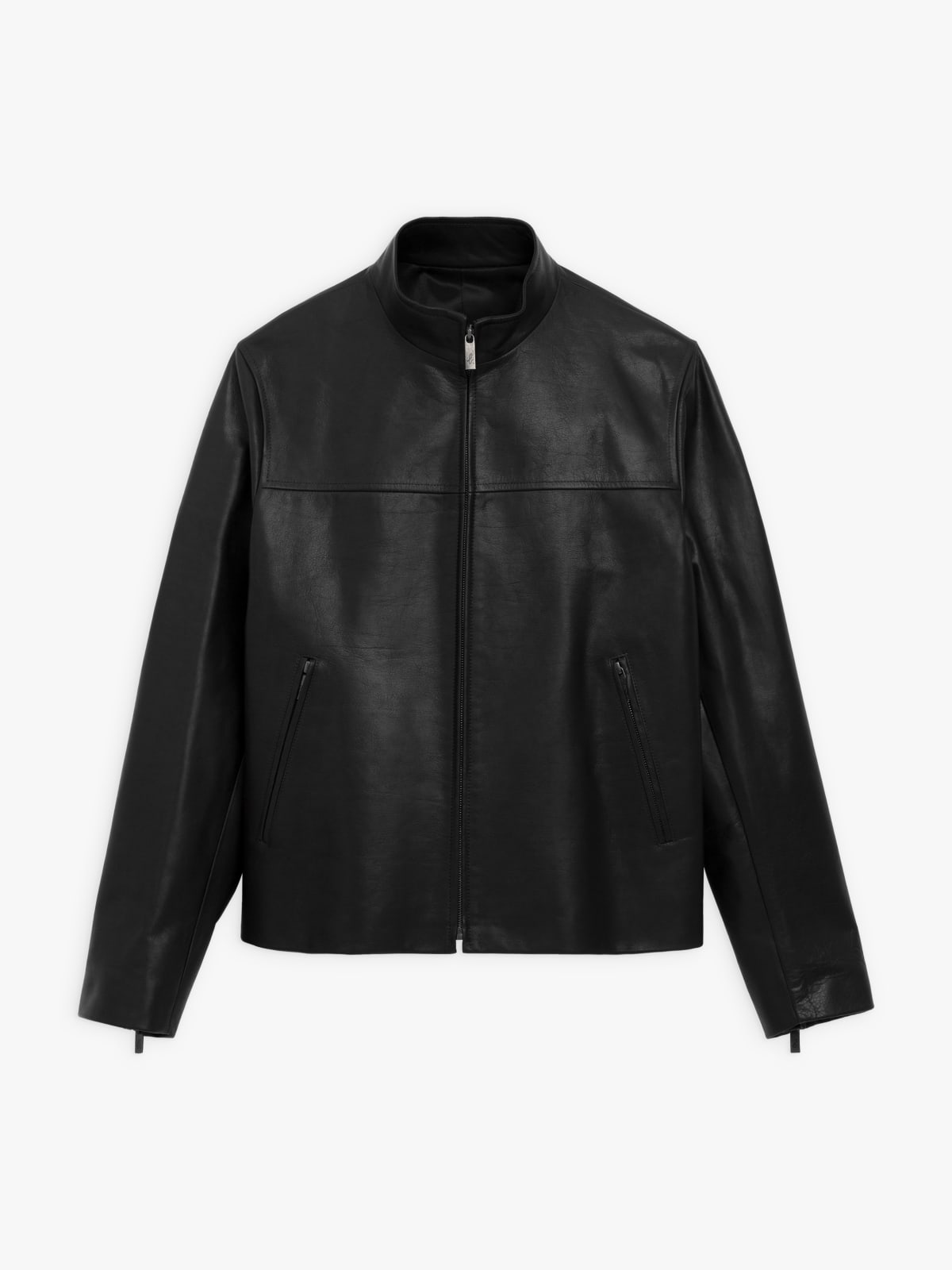 black leather zip-up jacket